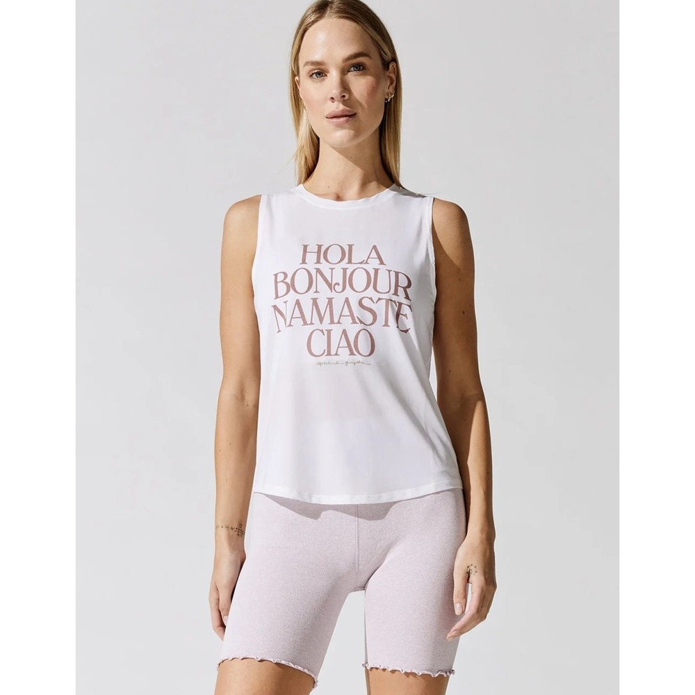 Spiritual Gangster Hola Bonjour Namaste Ciao Muscle Tank Yoga Graphic Top M